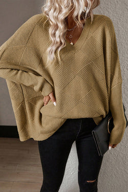 Camel Batwing Sleeve Checkered Textured Sweater