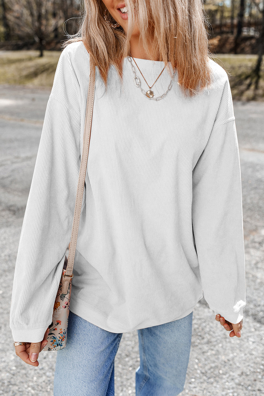 White Ribbed Corduroy Oversized Sweatshirt