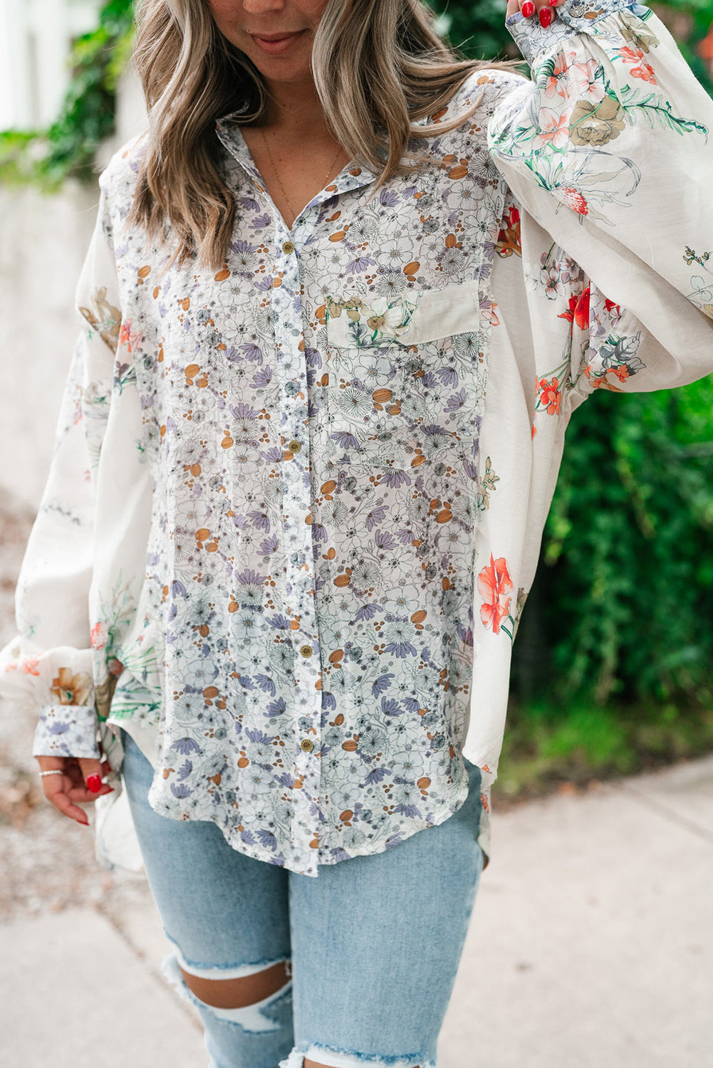 Chemise ample boutonnée à manches évêque florales Boho violettes