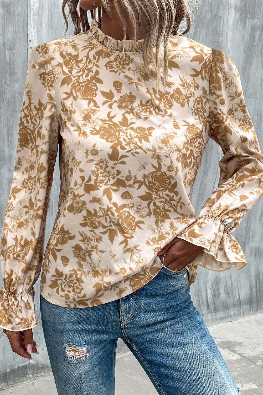 White Floral Print Frilled Neckline Flounce Sleeve Blouse