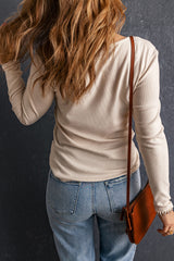 Beige crochet lace long sleeve v-neck top