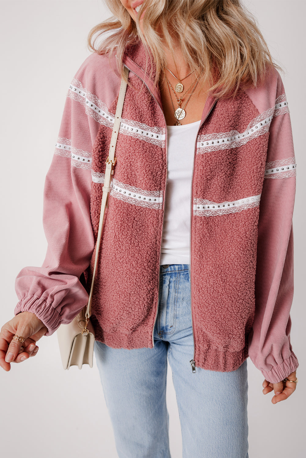 Rose - Veste zippée en sherpa patchwork en dentelle avec poignets élastiques et fermeture éclair