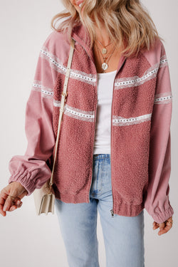 Rose: chaqueta con cremallera en sherpa Patchwork en encaje con muñecas elásticas y cremallera