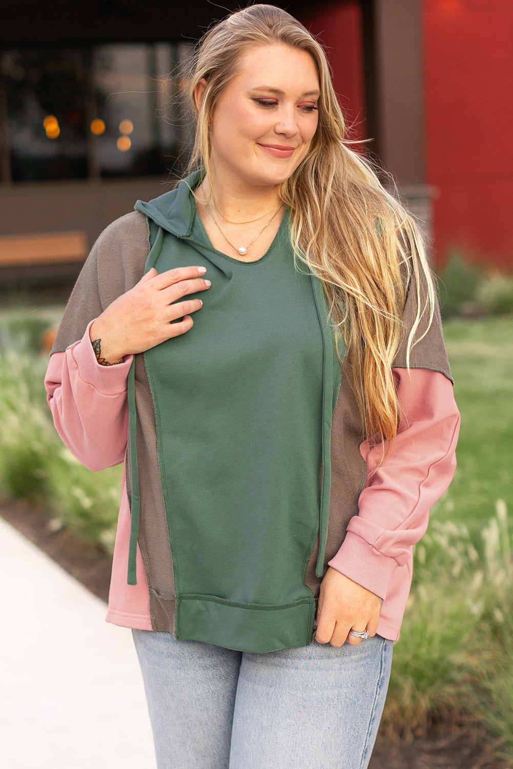 Breen Patchwork Colorblock V-Neck Plus Size Hoodie