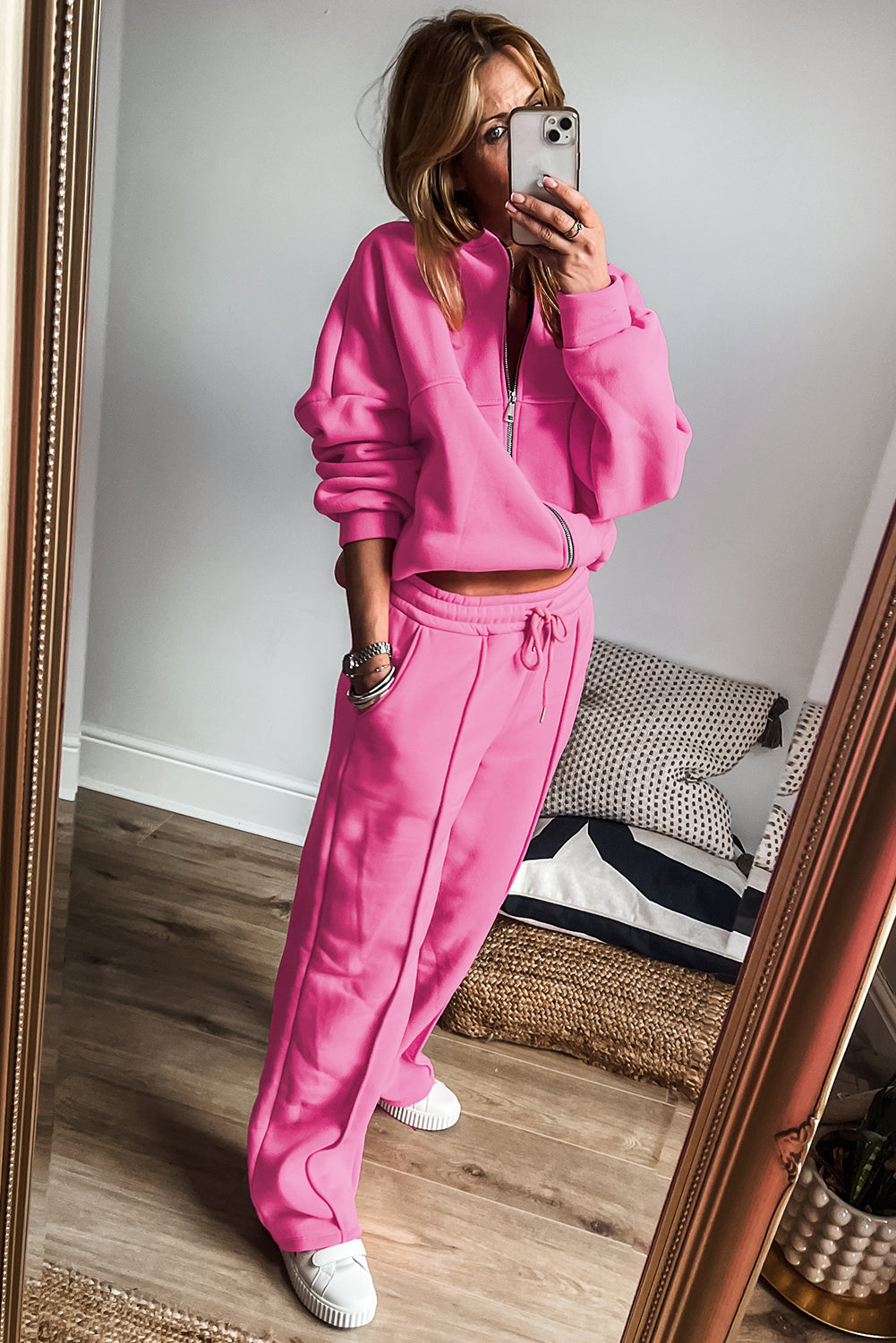 Hot Pink Solid Stitch Zip-Up Jacket and Drawstring Waist Pants Set