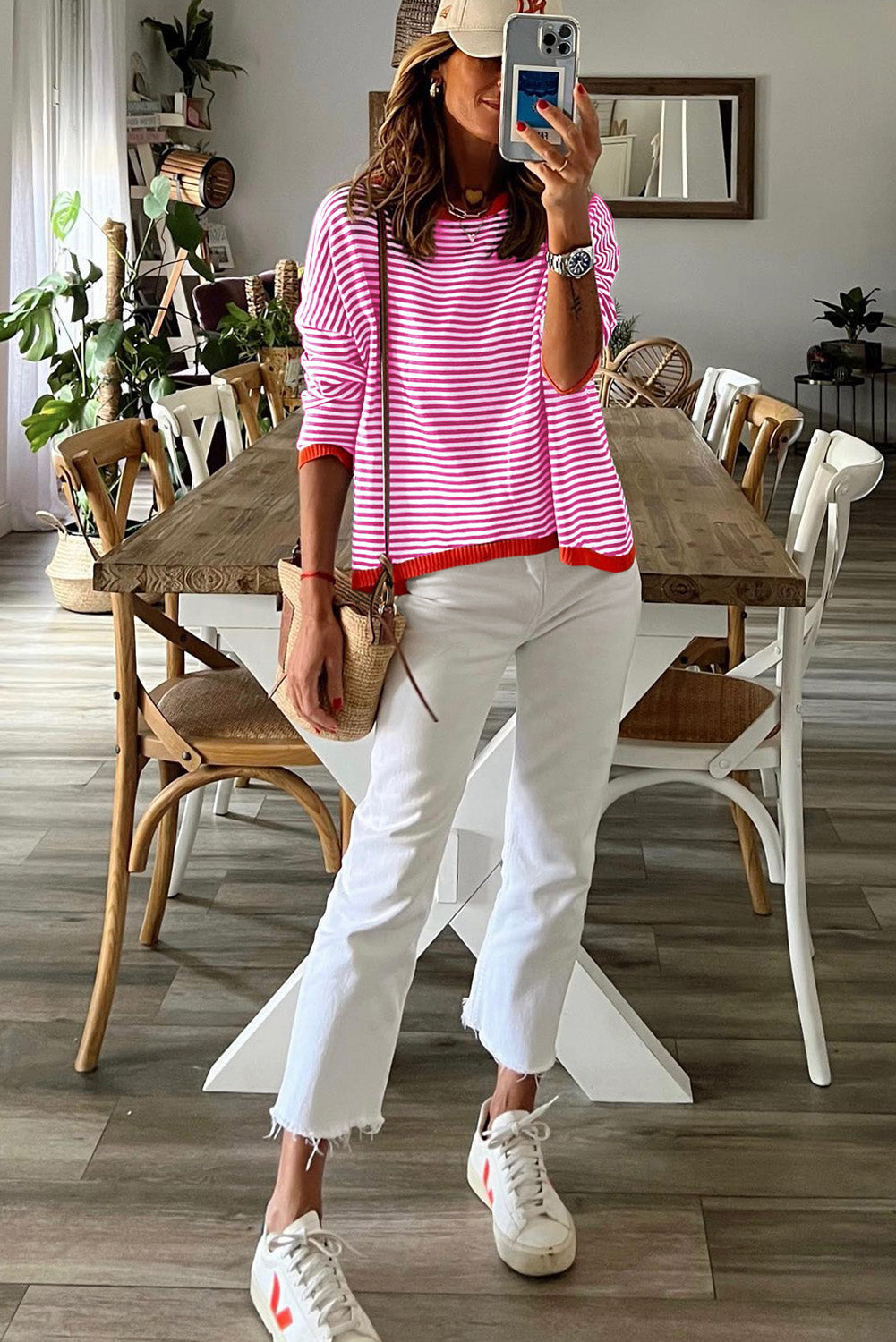 Pink drop shoulder sweater with contrasting edge stripes