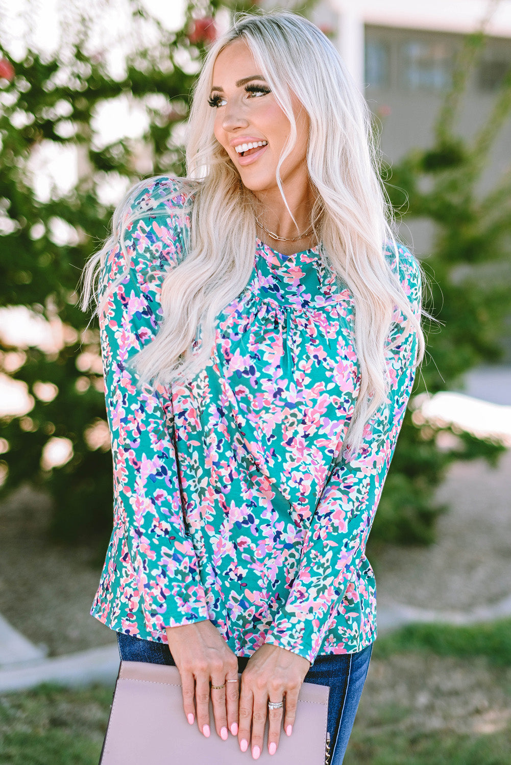 Green Floral Pleated Round Neck Long Sleeve Blouse