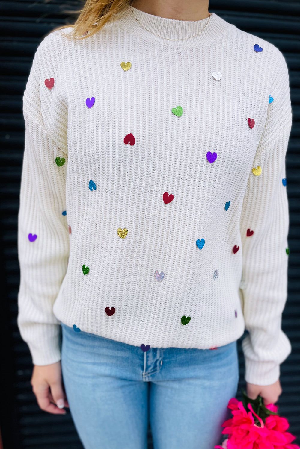 Beige Sequin Heart Waffle Knit Crew Neck Sweater