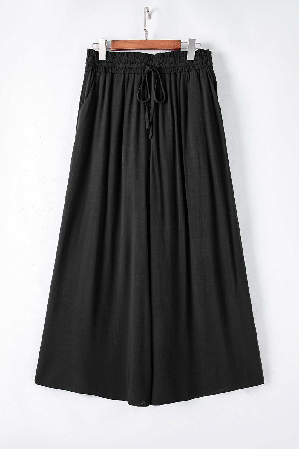 Black Drawstring Smocked High Waist Wide Leg Pants