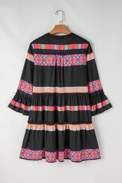 Black patchwork dress with ruffles and sleeve bell with V -collar and ethnic print buttoned