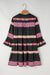 Black patchwork dress with ruffles and sleeve bell with V -collar and ethnic print buttoned