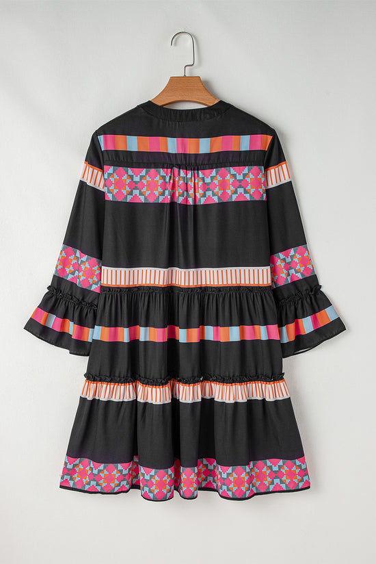 Black patchwork dress with ruffles and sleeve bell with V -collar and ethnic print buttoned