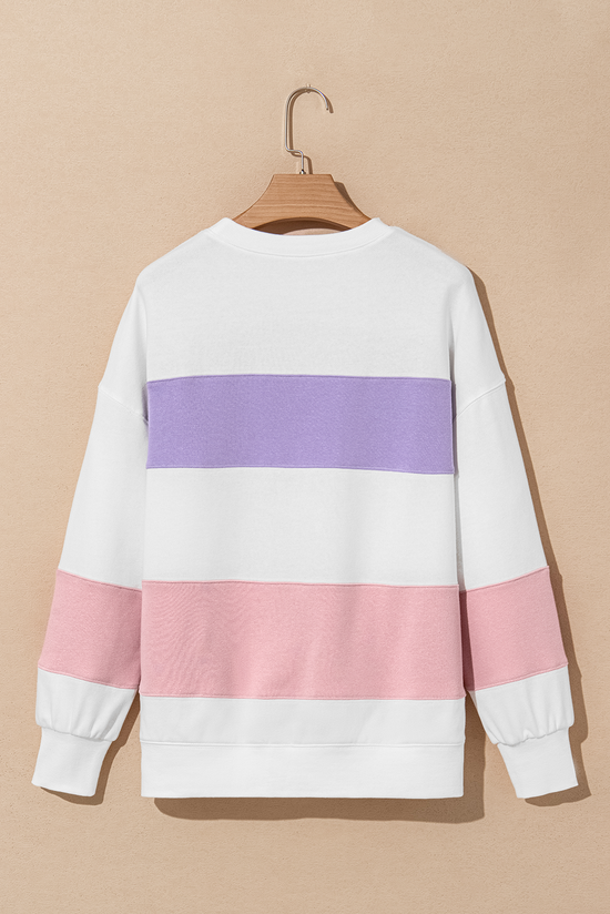 Beige crew neck sweatshirt with dropped shoulders in color block patchwork