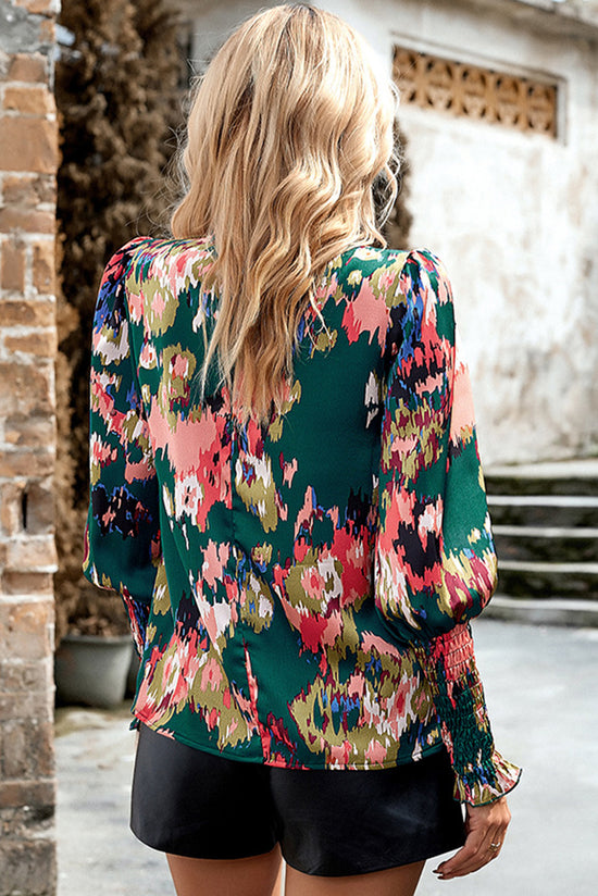 Green print green blouse, smocked cuffs and ruffle collar