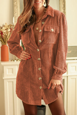 Khaki Corduroy Long Sleeve Button Down Shirt Dress