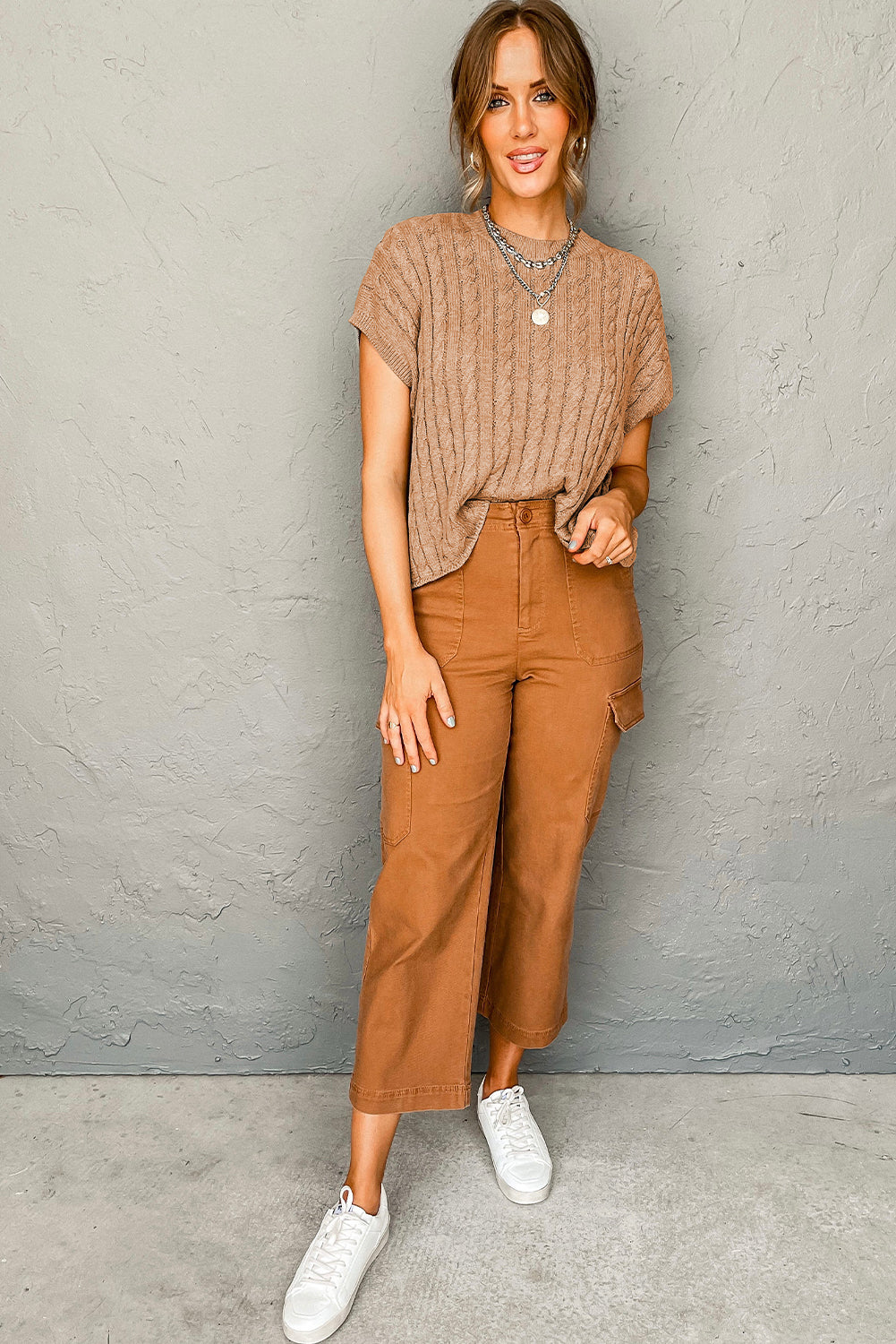Pull à manches courtes en tricot torsadé beige français clair