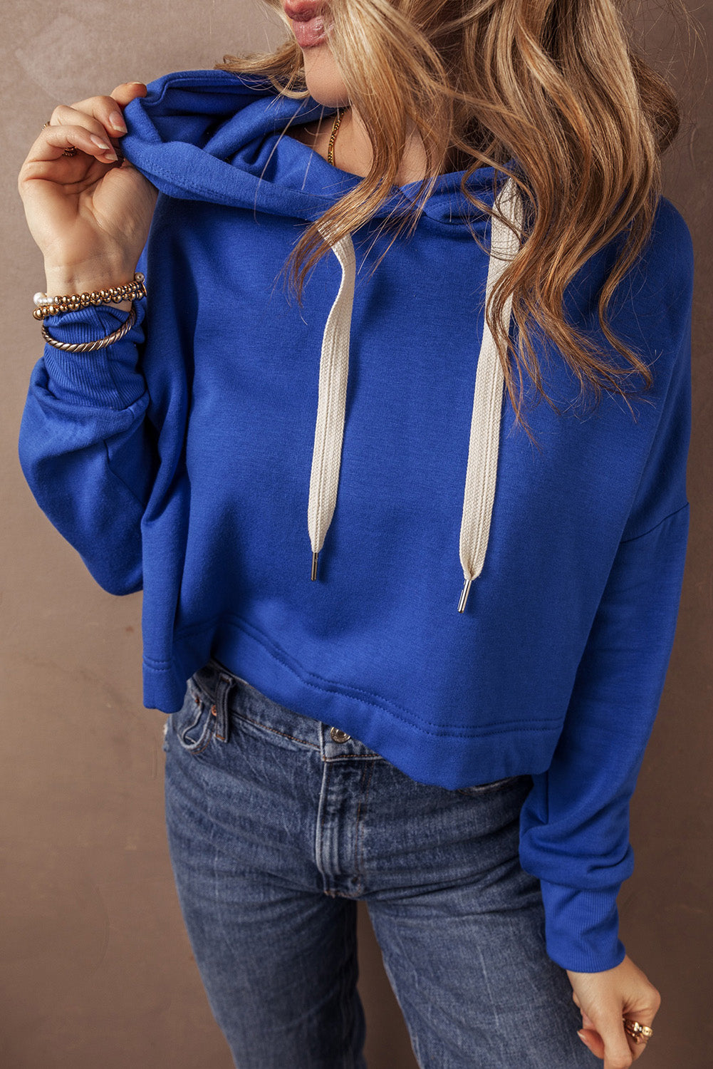 Dark Blue Drop Shoulder Drawstring Cropped Hoodie