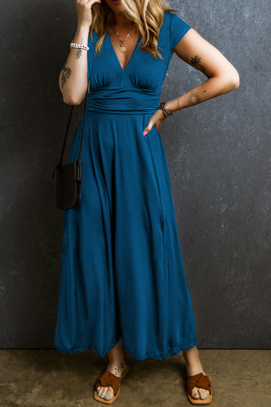 Pfauenblau Kurzarm Shirted High Taille gegen Hals Maxi Kleid