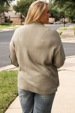 Plus size dark khaki sweater with large flower pattern, high neck, dropped shoulders