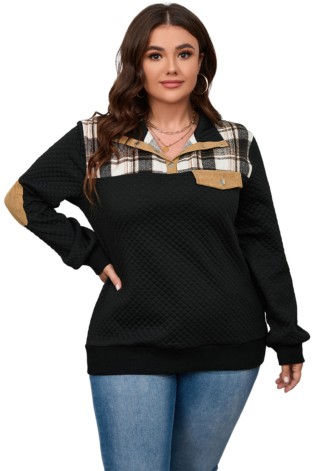 Black Plus Size Plaid Patch Quilted Henley Sweatshirt