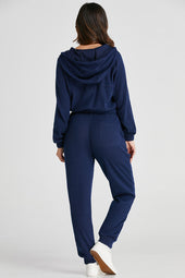 Shandy navy blue ribbed knitting hooded sweatshirt and jogging pants with tightening