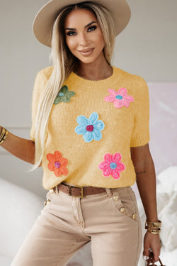 Sweater de manga amarilla corta -amarilla -amarilla con lindas flores