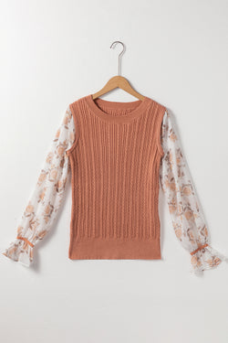 Gold Floral Patchwork Ruffle Cable Knit Sweater