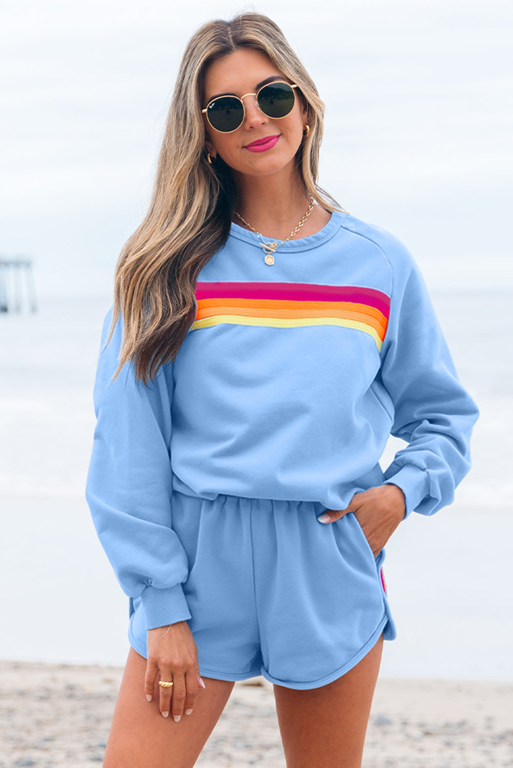 Ensemble décontracté deux pièces pull et short à rayures bleu Beau