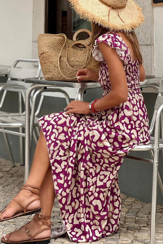 Vestido largo de ola alta con volantes y leopardo rosa