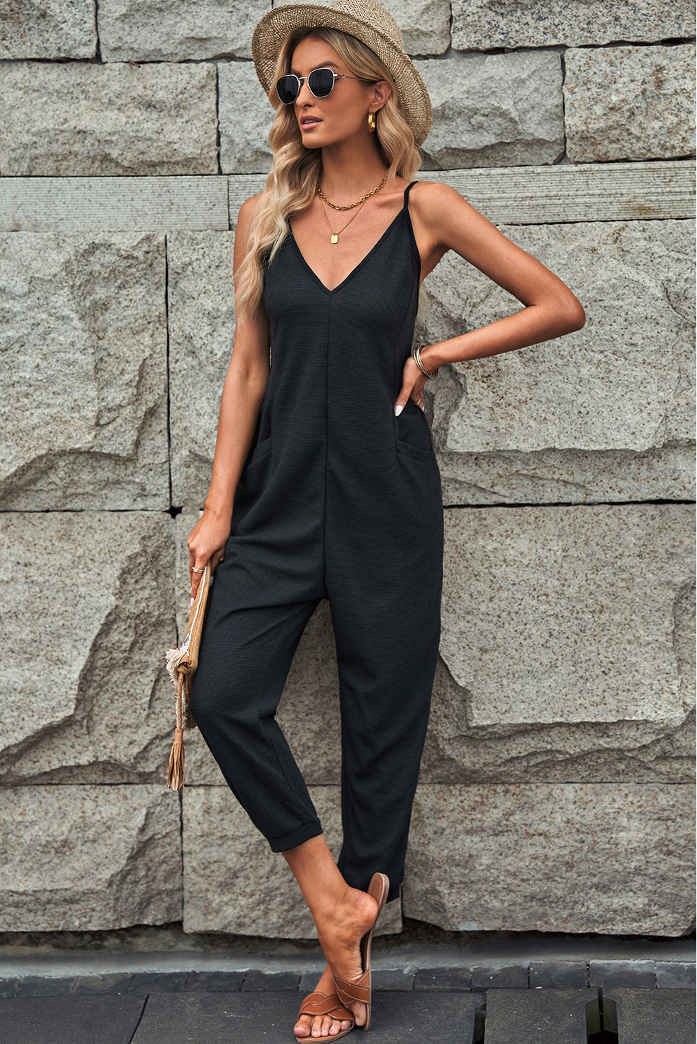 Black V-Neck Sleeveless Textured Casual Jumpsuit with Pockets