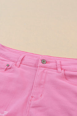 Solid color pink distressed denim shorts