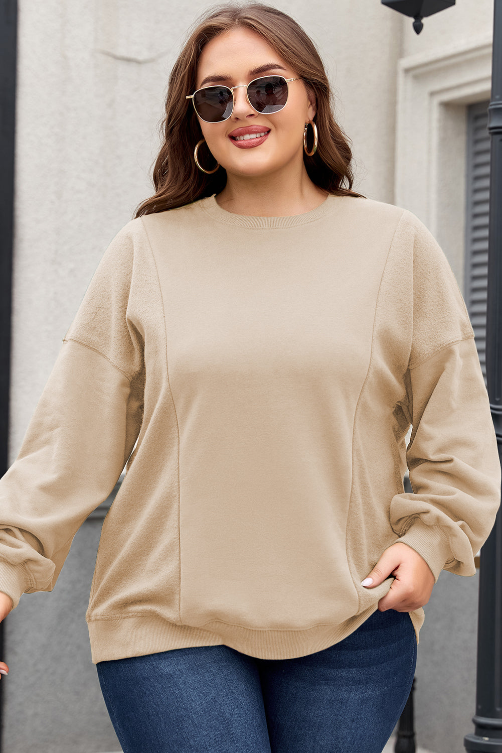 Plus Size Loose Crew Neck Patchwork Sweatshirt Apricot