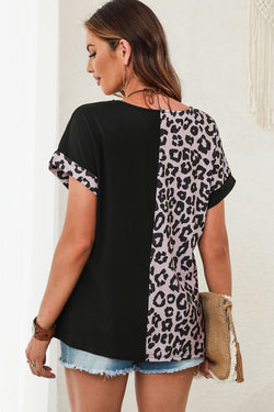 Black top with short sleeves and half-leopard patchwork