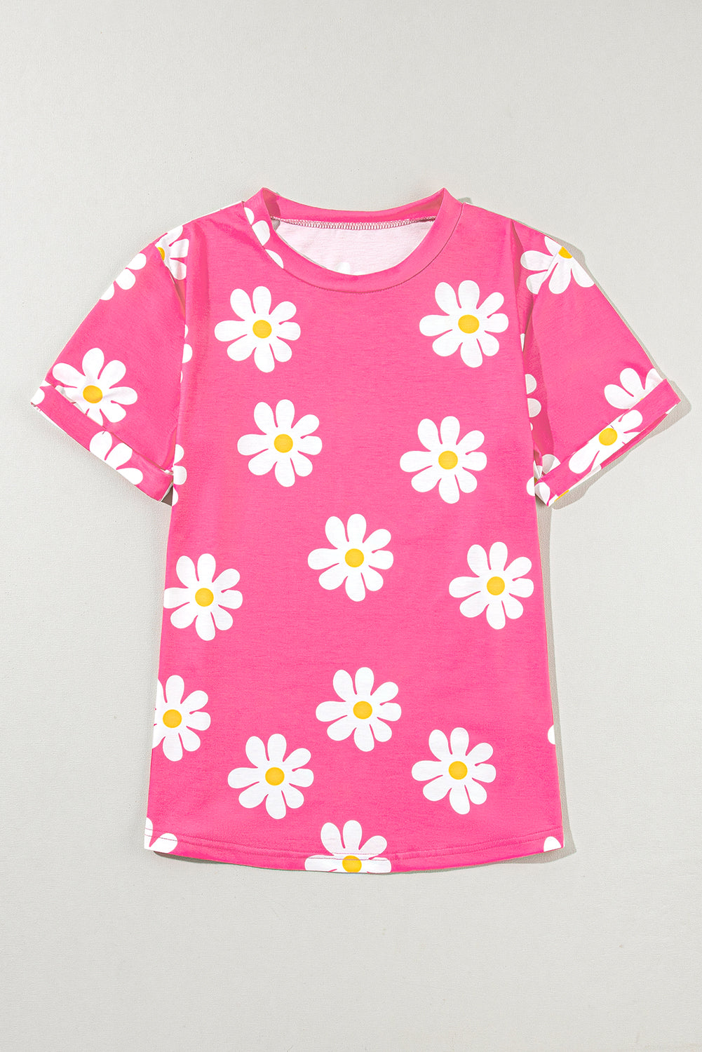 Pink Daisy bedruckte Crewneck T -Shirt