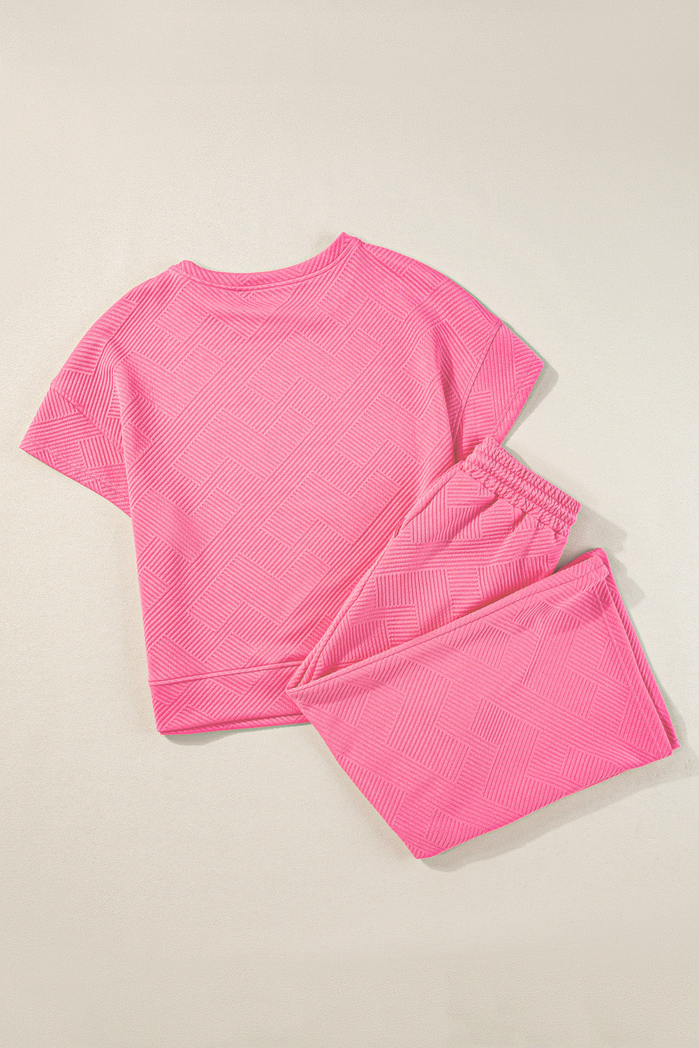 Strawberry Pink Textured Loose T-Shirt and Drawstring Pants Set