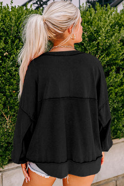 Black Drop Shoulder Button Henley Sweatshirt