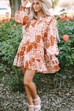 Brown multi-patterned trapeze dress