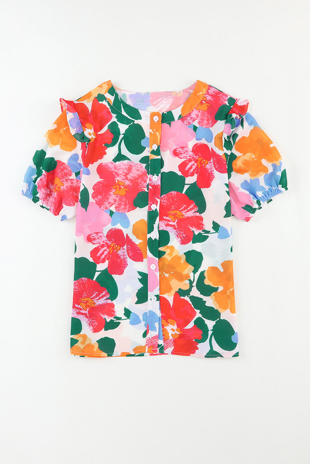 Chemise à manches bouffantes à volants à imprimé floral multicolore