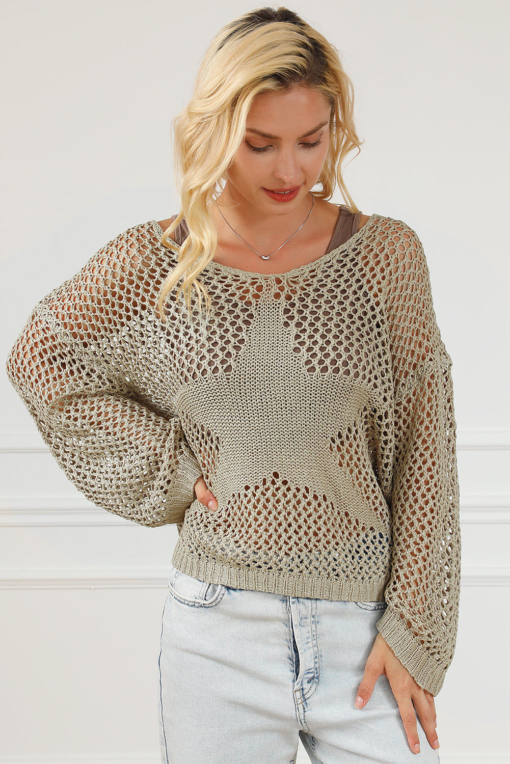 Pull ample en maille pointelle à étoiles beige français clair