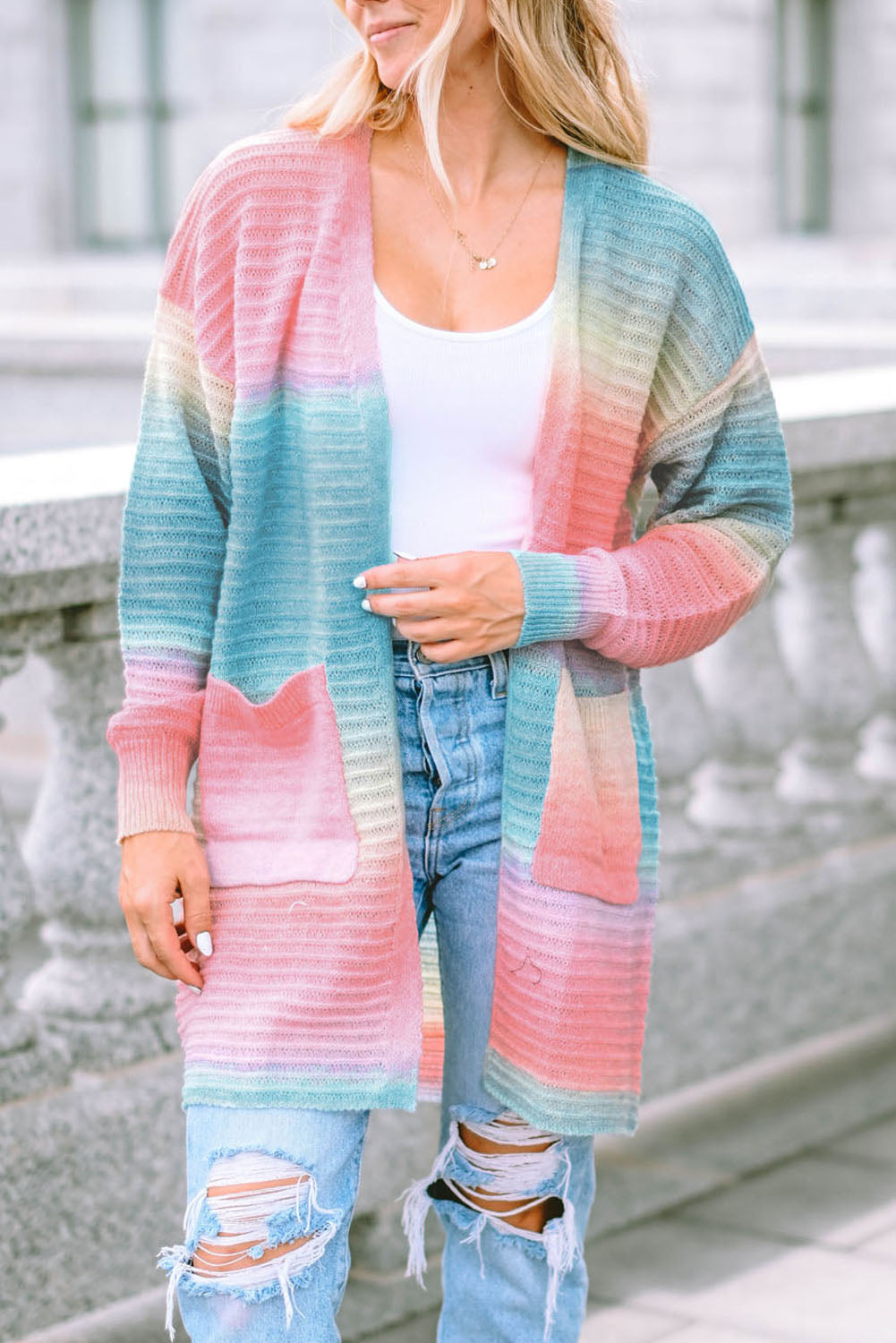 Green  Gradient Knit Open Cardigan with Pockets