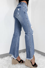 Jean évasé bleu crépuscule à taille haute, déchiré et ourlet vieilli