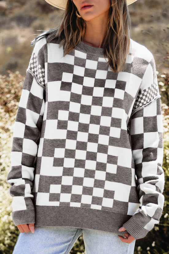 Gray sweater checkered and drooping shoulders, round neck