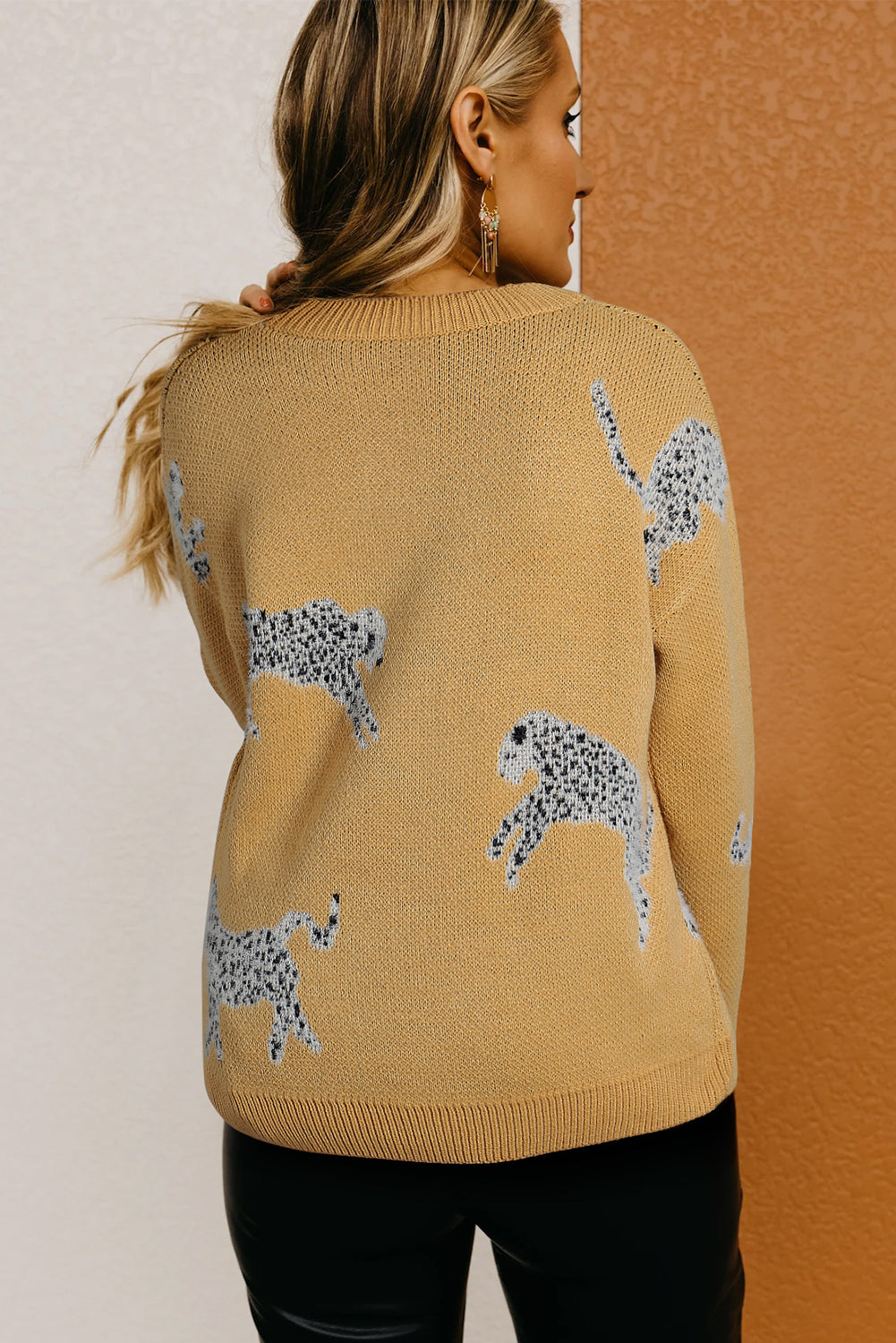 Camel Fuzzy Cheetah Accent Round Neck -Pullover