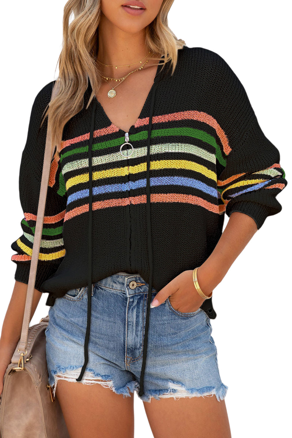 Black Striped Detail Zip Up Hooded Sweater Cardigan