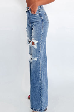 Ashleigh - High Waisted Wide Leg Jeans in Acid Wash Blue Distressed