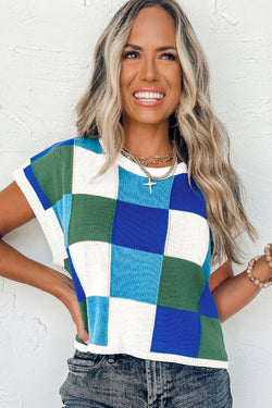 Dark blue sweater with short sleeves and color blocks