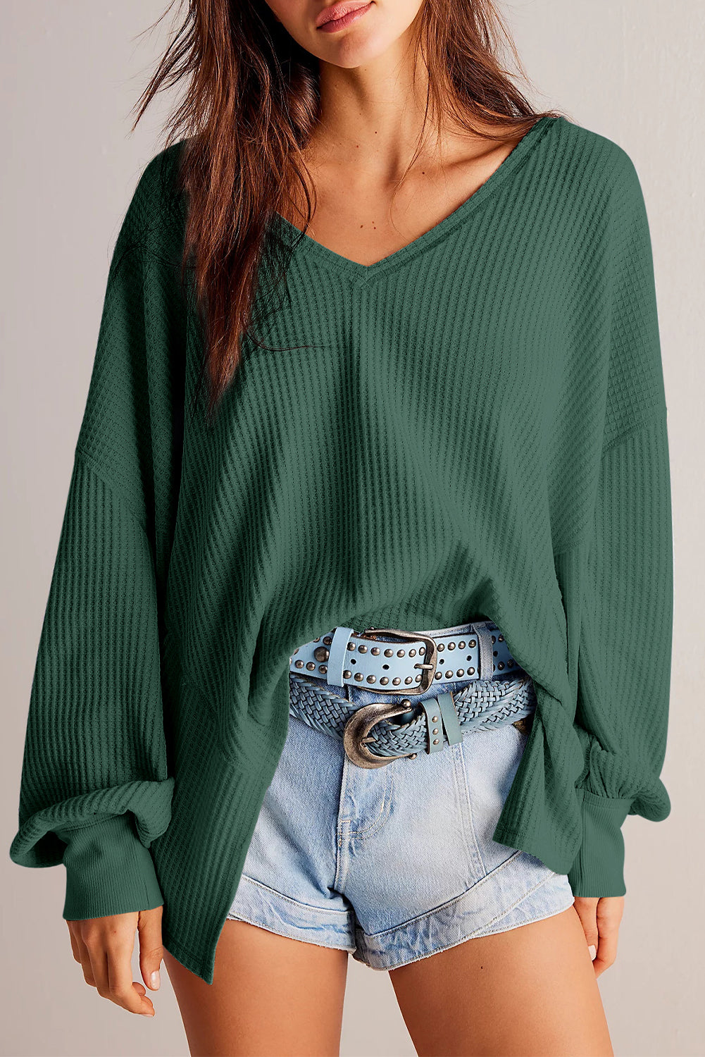 Blackish Green Waffle V Neck Swoul de manga larga de manga larga Blusa suelta