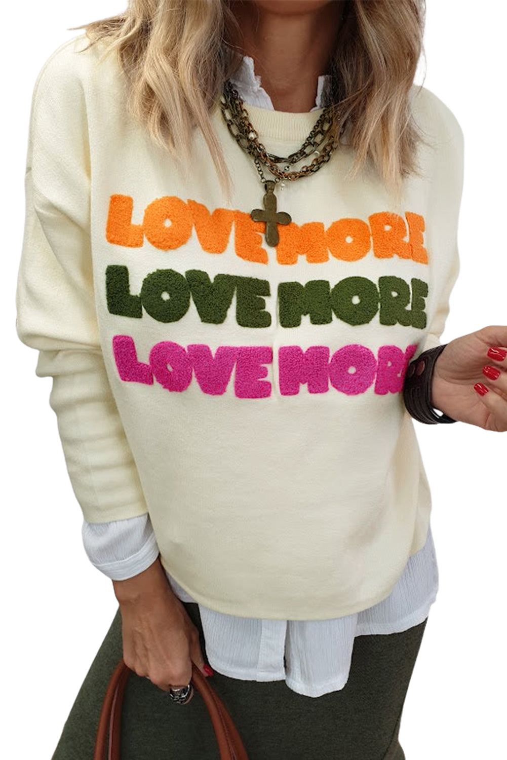 White Love More Chenille Graphic Long Sleeve Seltshirt