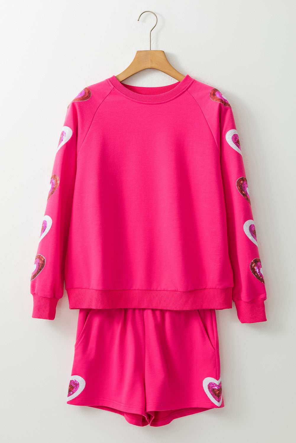 Rose Red Pailled Heart Graphic Top und Shorts Set Set