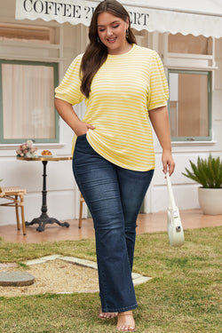 Yellow sweater with stripes and short puffy sleeves, large size